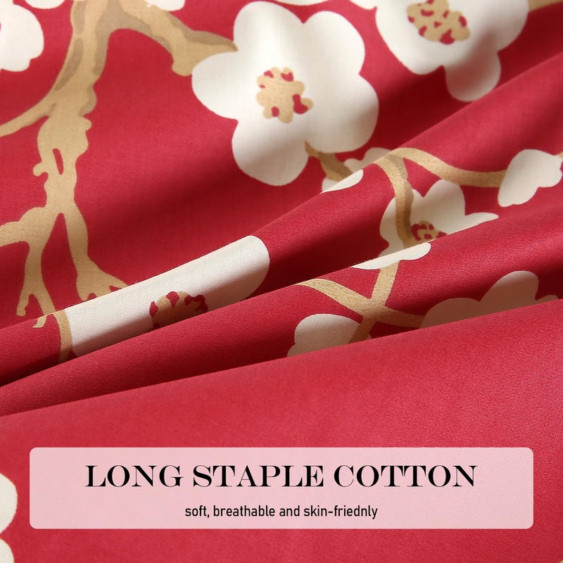 WINLIFE 100% Cotton Pillowcases Set of 2 Floral Printed Pillow Case Beige Plum Blossom on Red Pillow Cover, Queen 20x30'' - Image 3